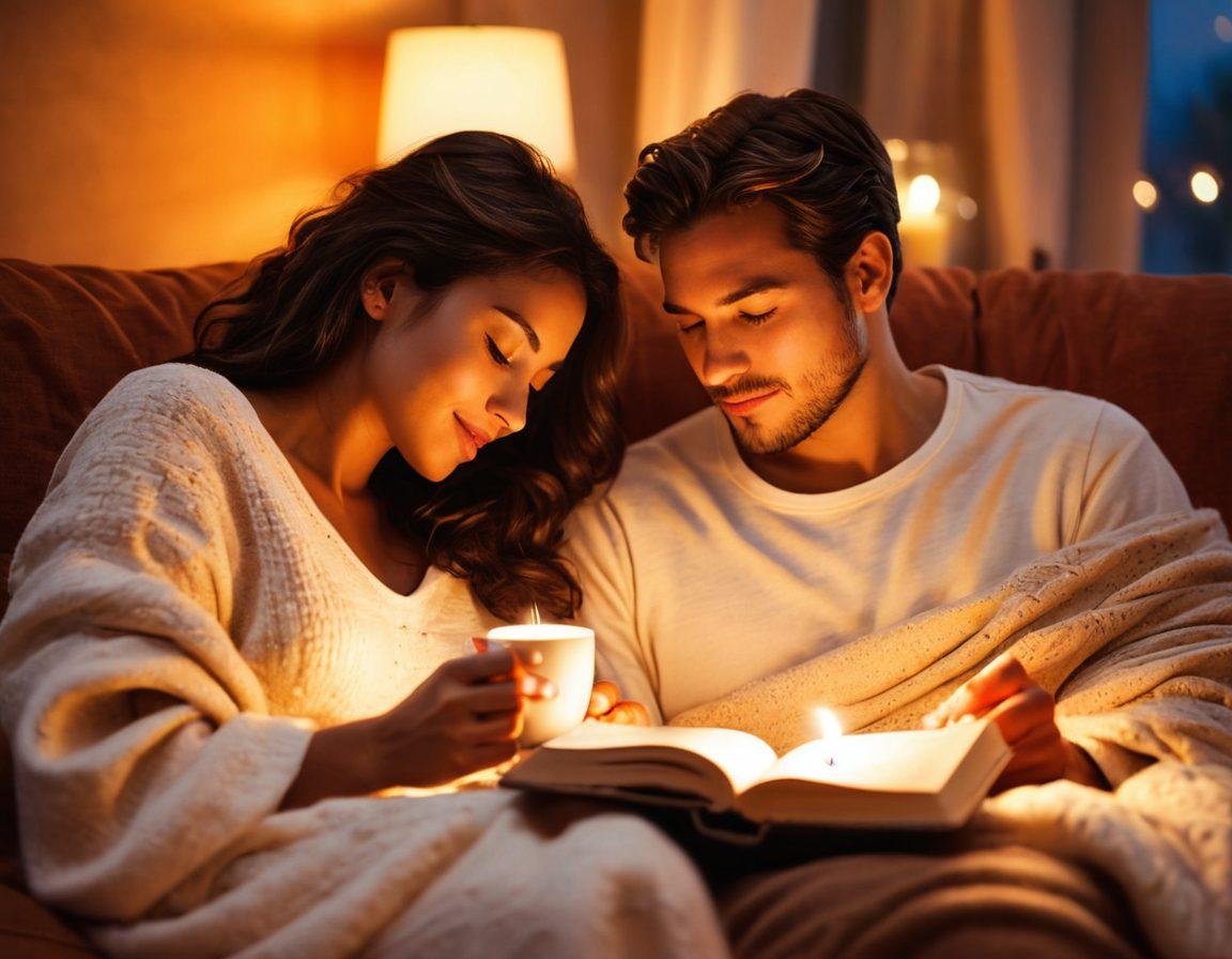 A warm and inviting scene of a couple sitting close together on a cozy sofa, surrounded by soft candlelight, with a beautiful backdrop of a starry night. Their expressions reflect deep connection and intimacy as they hold hands and share a heartfelt moment. Elements like a cup of tea, a journal, and warm blankets enhance the atmosphere, symbolizing comfort and love. Painting style. warm colors. soft-focus.
