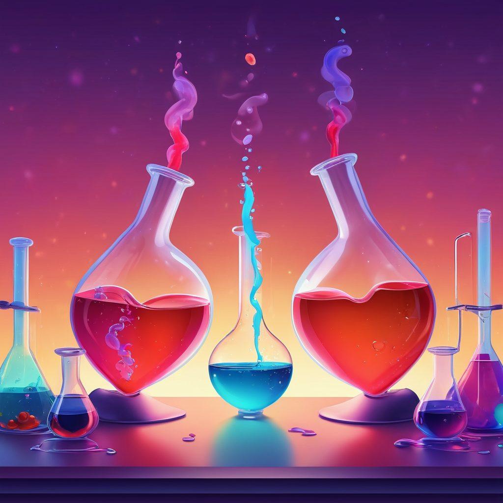 A whimsical illustration of a laboratory setting where colorful chemical reactions symbolize flirtation transitioning into stable structures like intertwined hands representing commitment. Include heart-shaped elements floating around, with beakers and flasks pouring vibrant liquids that merge into a glowing heart. The background should convey a sense of warmth and connection, blending science and romance. vector art. vibrant colors. playful style.