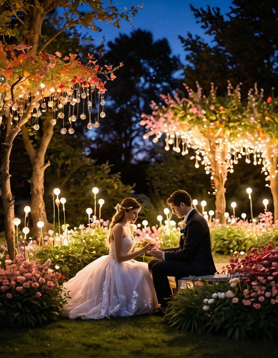 A whimsical scene featuring a couple sharing an intimate moment in a candle-lit garden surrounded by glowing fairy lights and blooming flowers. Heart-shaped bubbles float in the air, symbolizing romance and connection. Incorporate elements like a soft sunset, gentle breeze rustling leaves, and delicate silhouettes of lovebirds in the background. The atmosphere should invoke a sense of warmth and love. vibrant colors. dreamy and romantic style.
